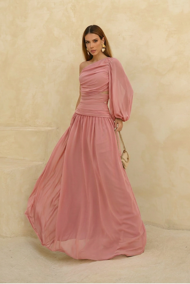 VESTIDO LONGO UM OMBRO FRANZIDO COM RECORTE E MANGA BUFANTE ROSA