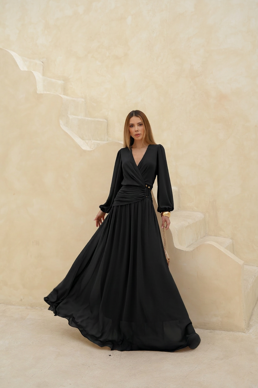 VESTIDO LONGO DECOTE V TRANSPASSADO COM FRANZIDO NA CINTURA PRETO