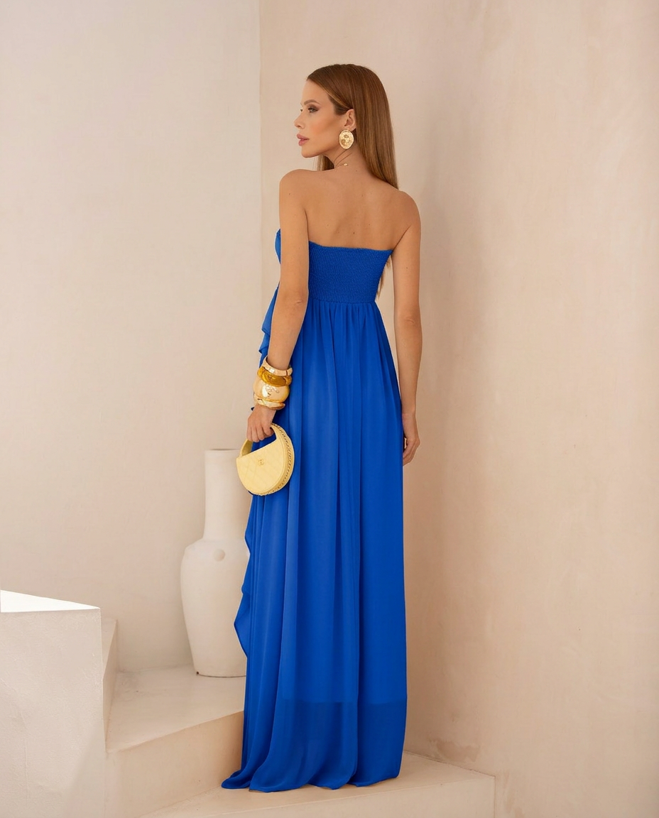 VESTIDO LONGO TOMARA QUE CAIA COM BABADOS CASCATA AZUL ESCURO