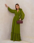 VESTIDO LONGO DECOTE V TRANSPASSADO COM MANGA BUFANTE E BABADO NA BARRA VERDE