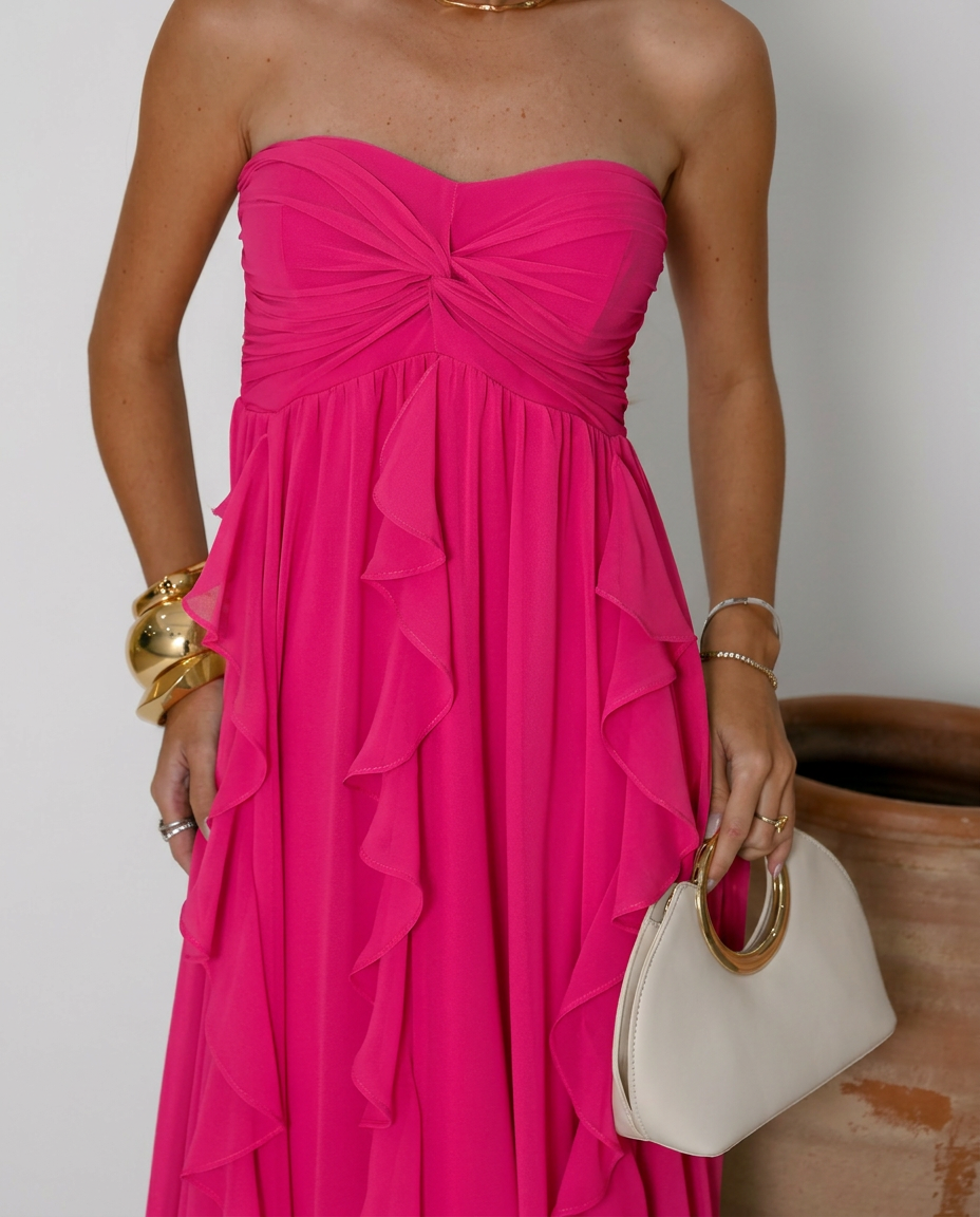 VESTIDO LONGO TOMARA QUE CAIA COM BABADOS CASCATA ROSA PINK