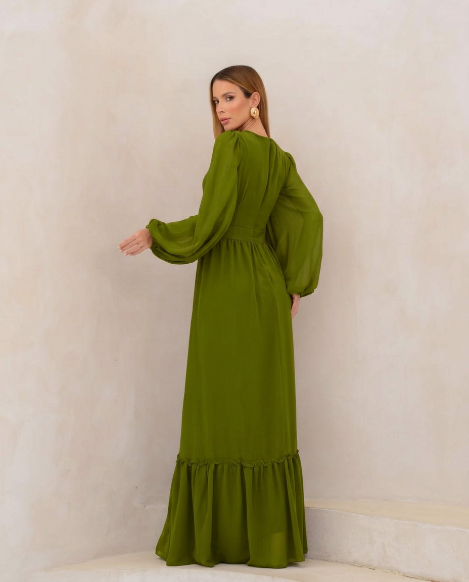 VESTIDO LONGO DECOTE V TRANSPASSADO COM MANGA BUFANTE E BABADO NA BARRA VERDE