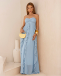 VESTIDO LONGO TOMARA QUE CAIA COM BABADOS CASCATA AZUL
