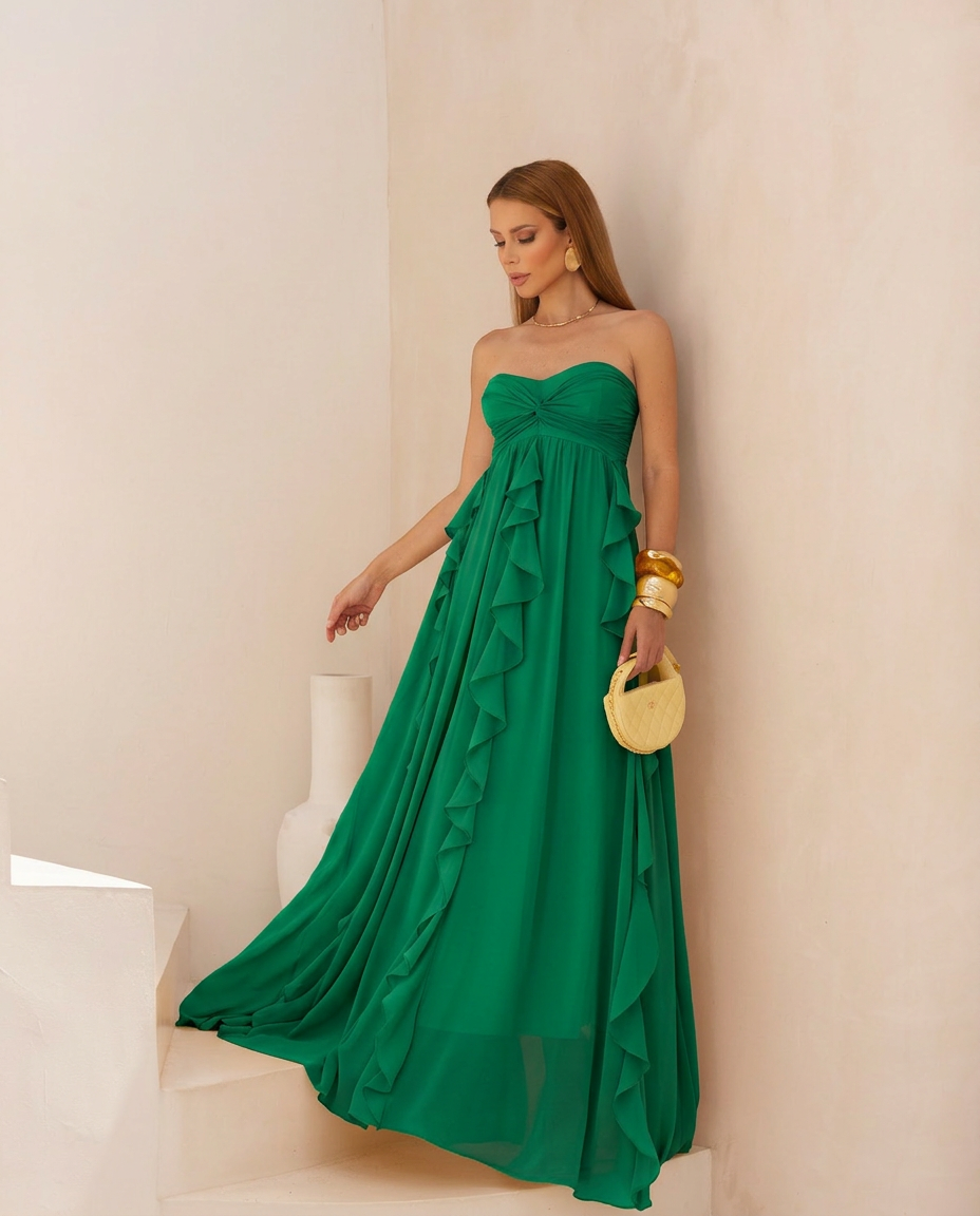 VESTIDO LONGO TOMARA QUE CAIA COM BABADOS CASCATA VERDE ESMERALDA