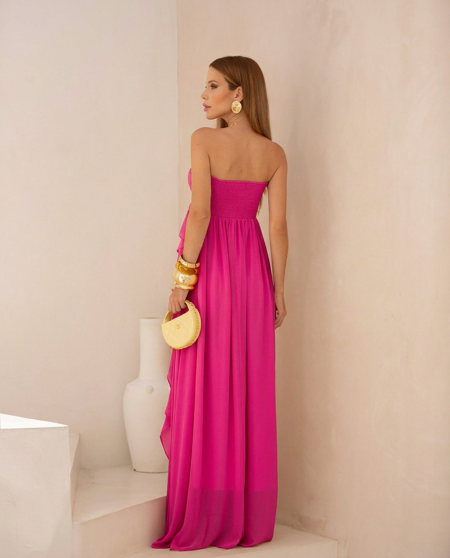 VESTIDO LONGO TOMARA QUE CAIA COM BABADOS CASCATA JACQUARD ROSA PINK