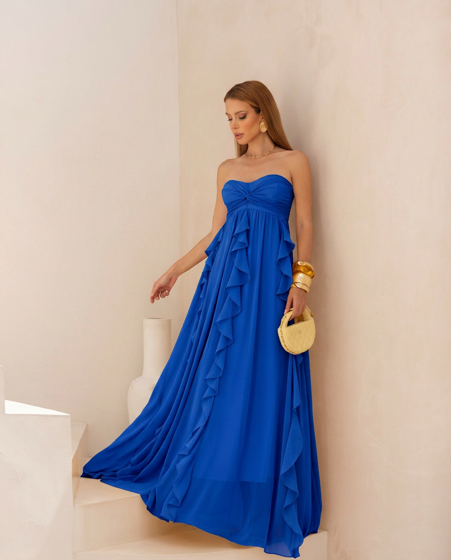 VESTIDO LONGO TOMARA QUE CAIA COM BABADOS CASCATA AZUL ESCURO