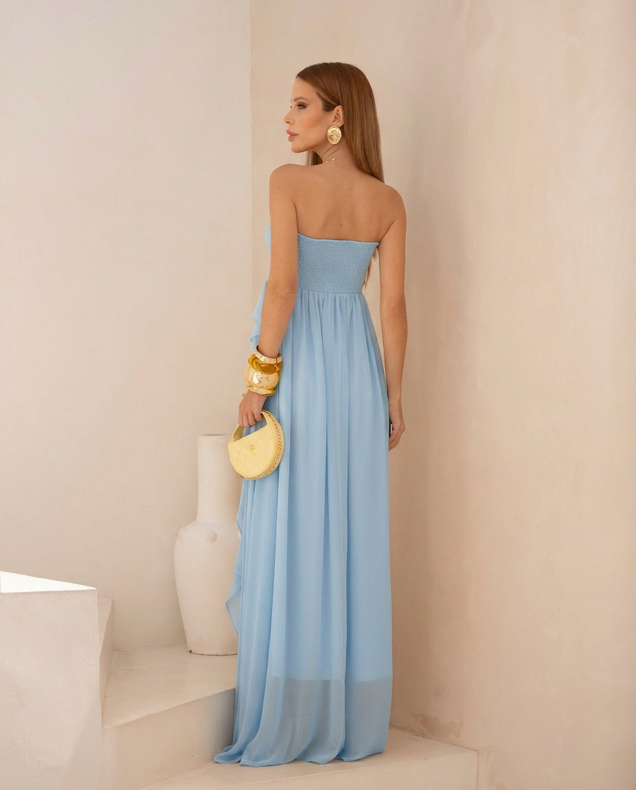 VESTIDO LONGO TOMARA QUE CAIA COM BABADOS CASCATA AZUL