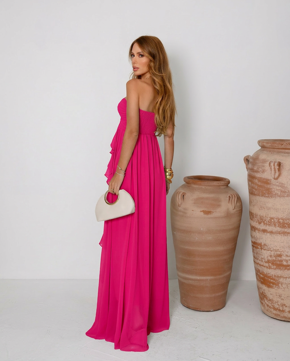 VESTIDO LONGO TOMARA QUE CAIA COM BABADOS CASCATA ROSA PINK