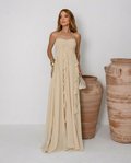 VESTIDO LONGO TOMARA QUE CAIA COM BABADOS CASCATA AREIA