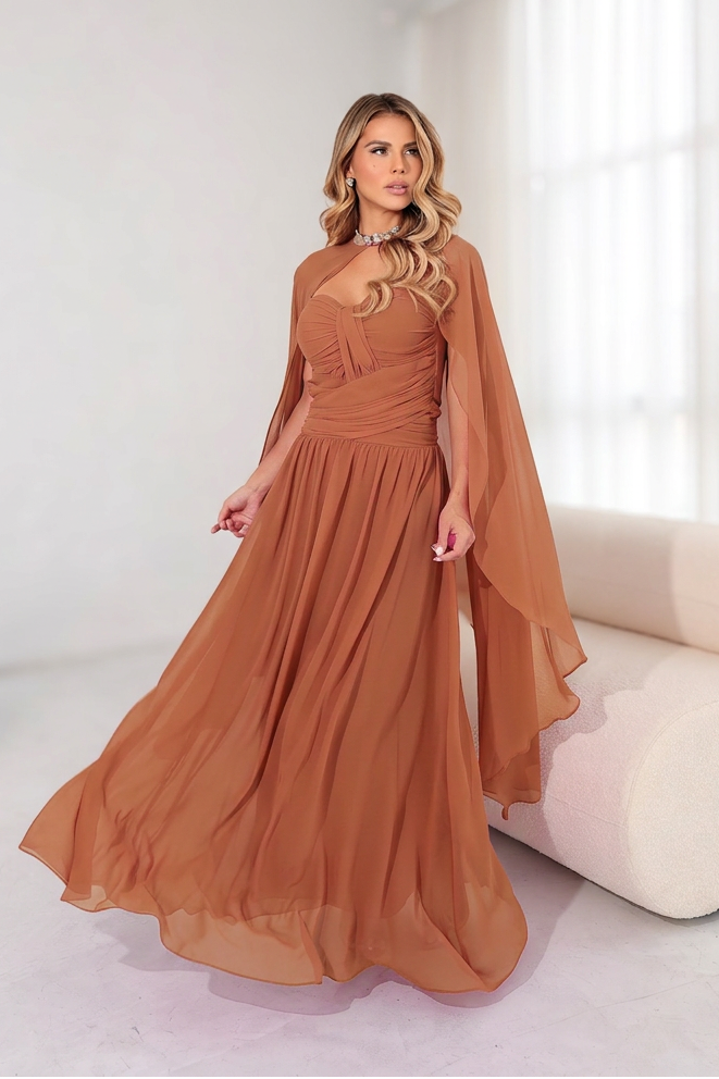 VESTIDO LONGO TOMARA QUE CAIA COM CAPA MARROM
