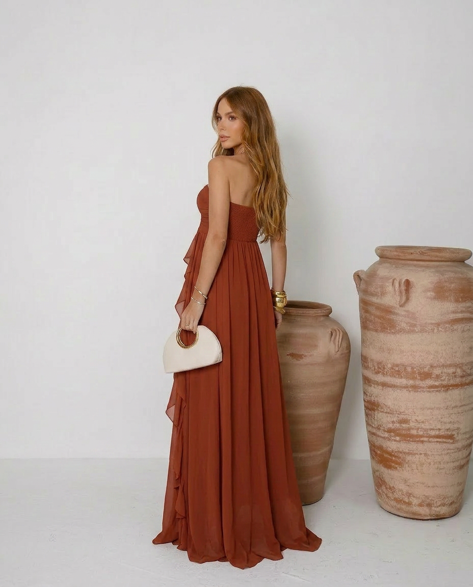 VESTIDO LONGO TOMARA QUE CAIA COM BABADOS CASCATA TERRACOTA