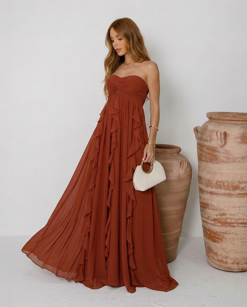 VESTIDO LONGO TOMARA QUE CAIA COM BABADOS CASCATA TERRACOTA