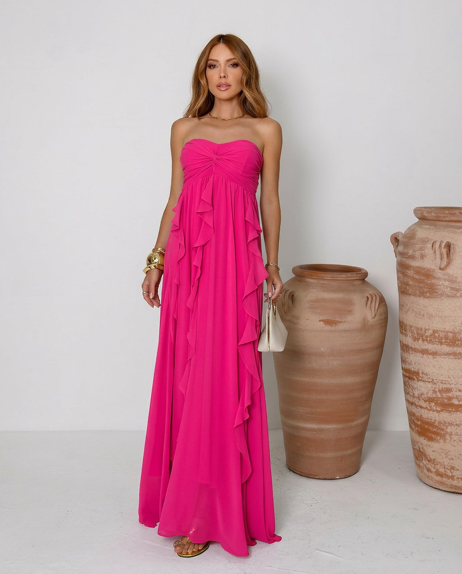 VESTIDO LONGO TOMARA QUE CAIA COM BABADOS CASCATA ROSA PINK