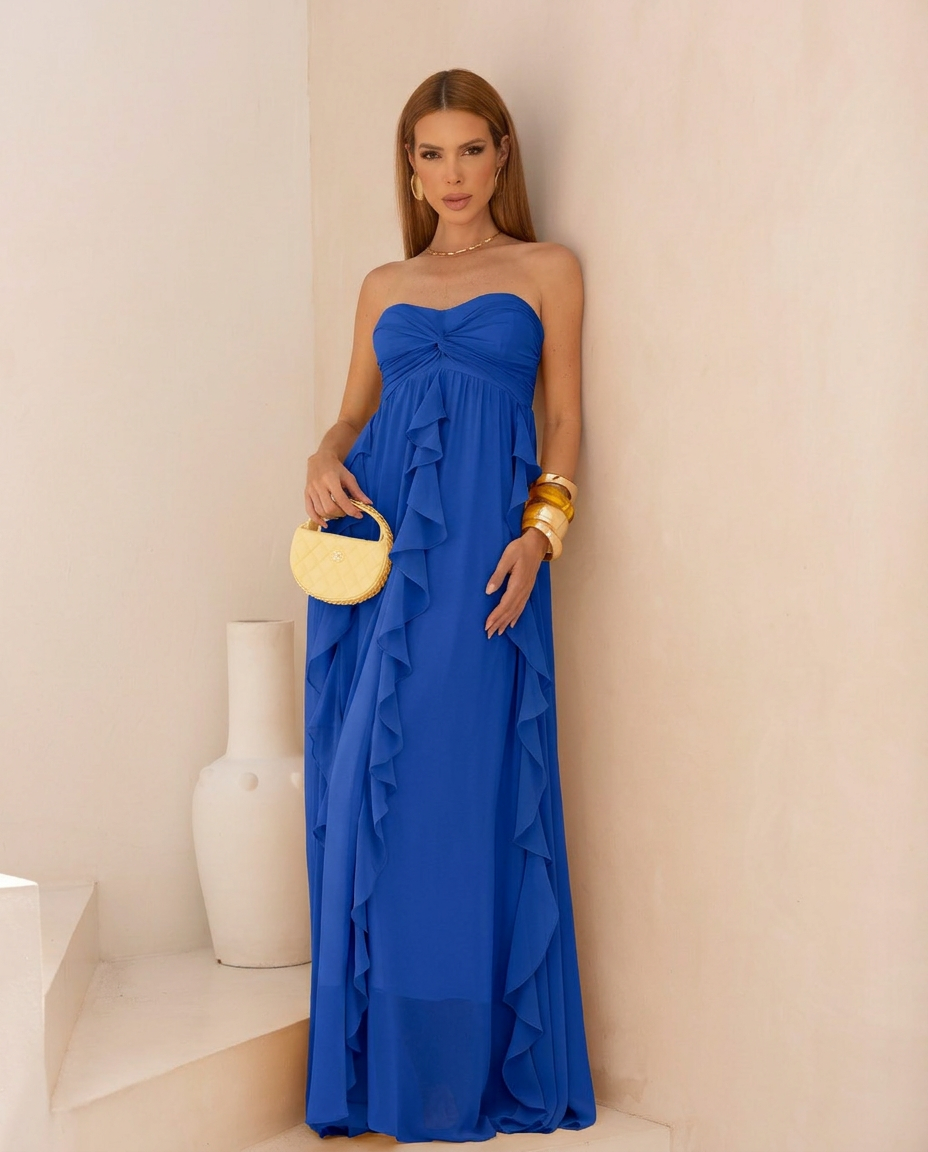 VESTIDO LONGO TOMARA QUE CAIA COM BABADOS CASCATA AZUL ESCURO