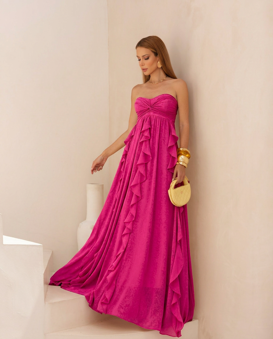 VESTIDO LONGO TOMARA QUE CAIA COM BABADOS CASCATA JACQUARD ROSA PINK