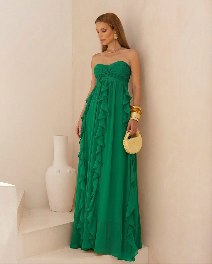 VESTIDO LONGO TOMARA QUE CAIA COM BABADOS CASCATA VERDE ESMERALDA