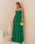 VESTIDO LONGO TOMARA QUE CAIA COM BABADOS CASCATA VERDE ESMERALDA