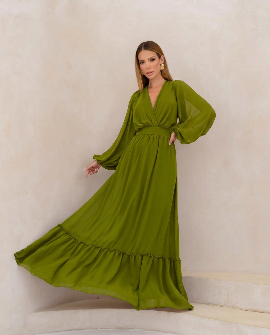 VESTIDO LONGO DECOTE V TRANSPASSADO COM MANGA BUFANTE E BABADO NA BARRA VERDE
