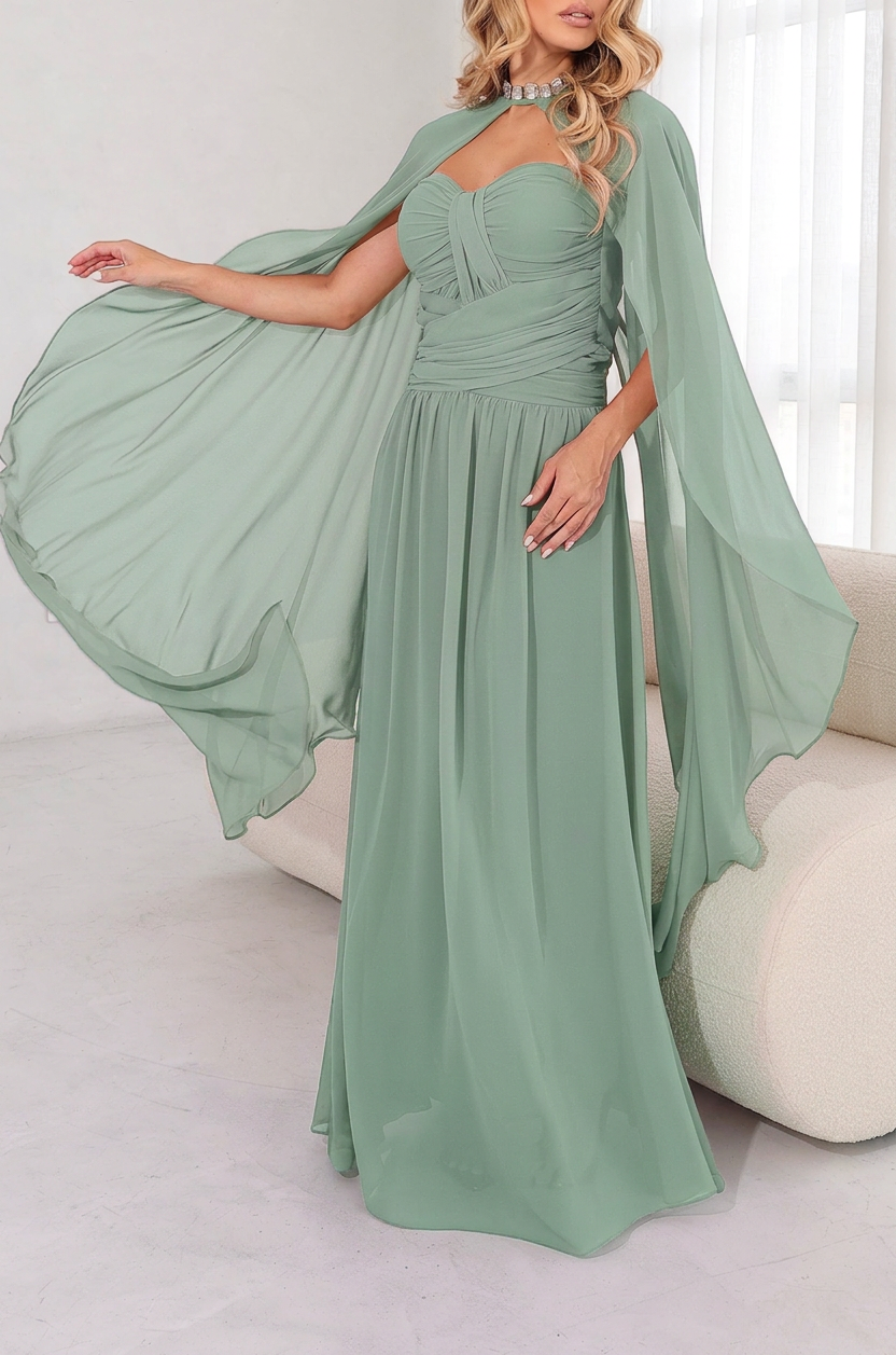 VESTIDO LONGO TOMARA QUE CAIA COM CAPA VERDE