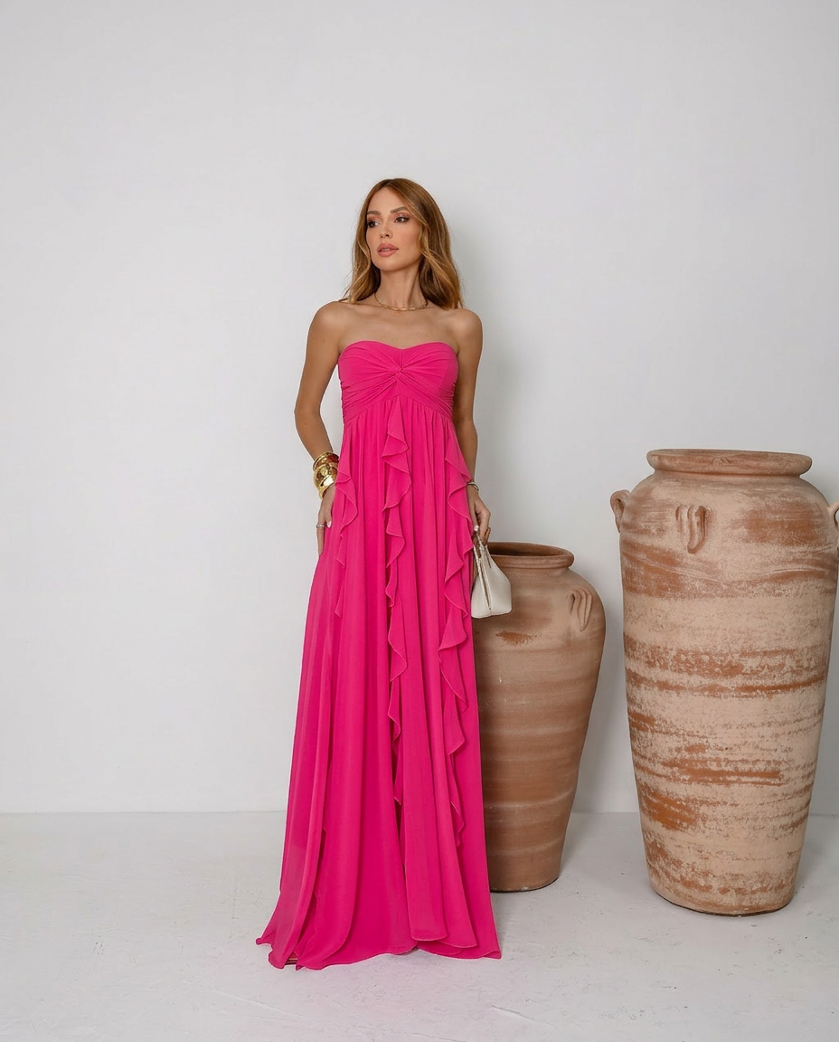VESTIDO LONGO TOMARA QUE CAIA COM BABADOS CASCATA ROSA PINK
