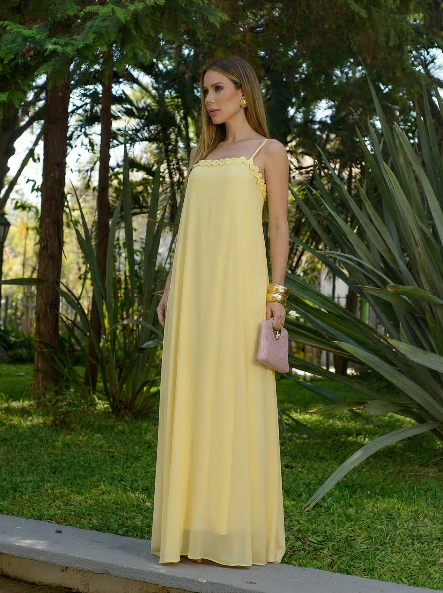 VESTIDO LONGO DECOTE RETO DE ALÇAS COM DETALHE ORIGAMI AMARELO