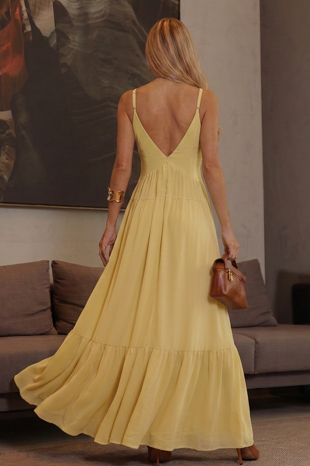 VESTIDO LONGO DECOTE V COM ALÇAS FINAS E CAPA AMARELO