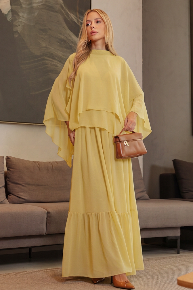 VESTIDO LONGO DECOTE V COM ALÇAS FINAS E CAPA AMARELO