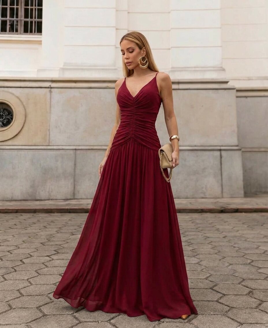 VESTIDO LONGO DECOTE V FRANZIDO COM CAPA E BROCHE DE PEDRA MARSALA