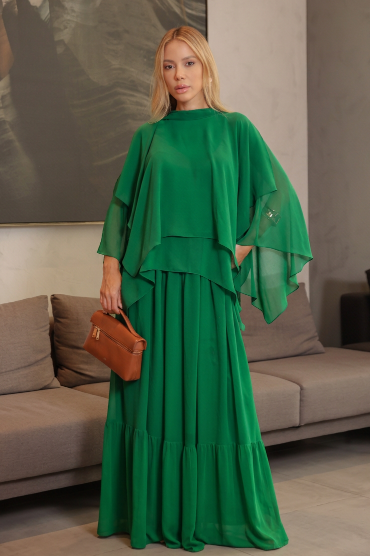 VESTIDO LONGO DECOTE V COM ALÇAS FINAS E CAPA VERDE ESMERALDA