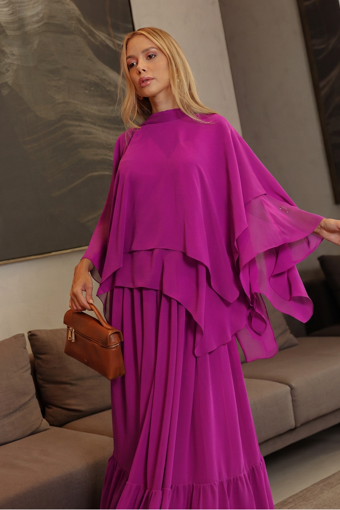 VESTIDO LONGO DECOTE V COM ALÇAS FINAS E CAPA FÚCSIA