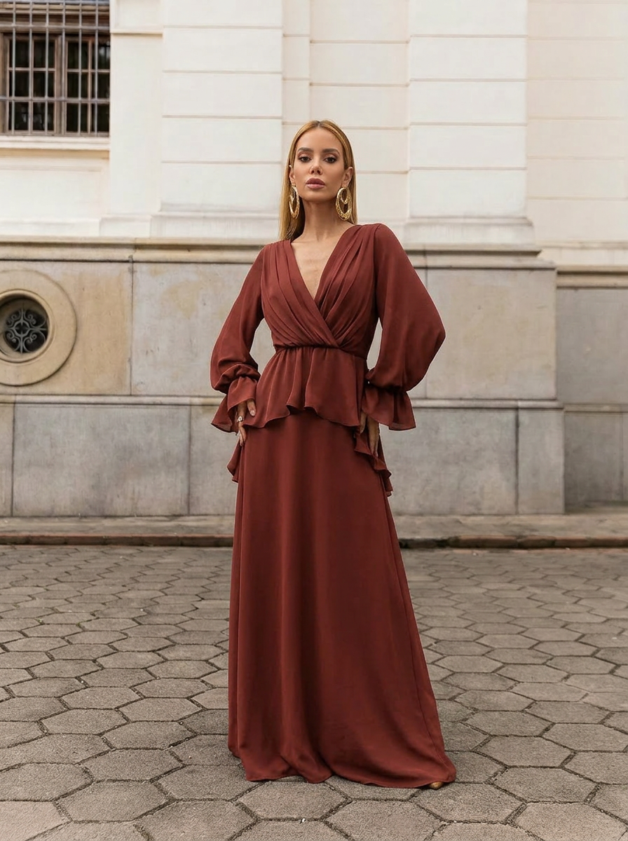 VESTIDO LONGO DECOTE V TRANSPASSADO COM PEPLUM E MANGA BUFANTE TERRACOTA
