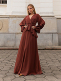 VESTIDO LONGO DECOTE V TRANSPASSADO COM PEPLUM E MANGA BUFANTE TERRACOTA