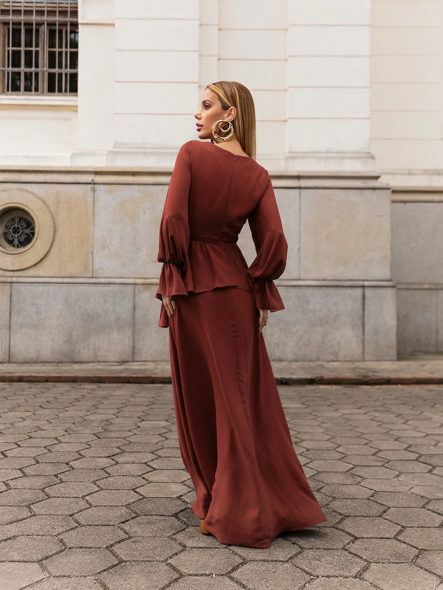 VESTIDO LONGO DECOTE V TRANSPASSADO COM PEPLUM E MANGA BUFANTE TERRACOTA