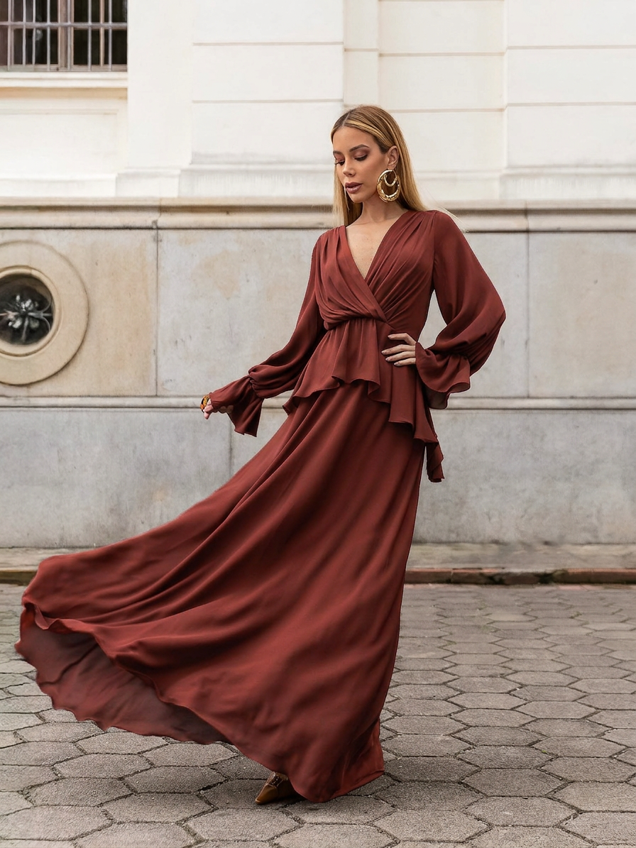 VESTIDO LONGO DECOTE V TRANSPASSADO COM PEPLUM E MANGA BUFANTE TERRACOTA
