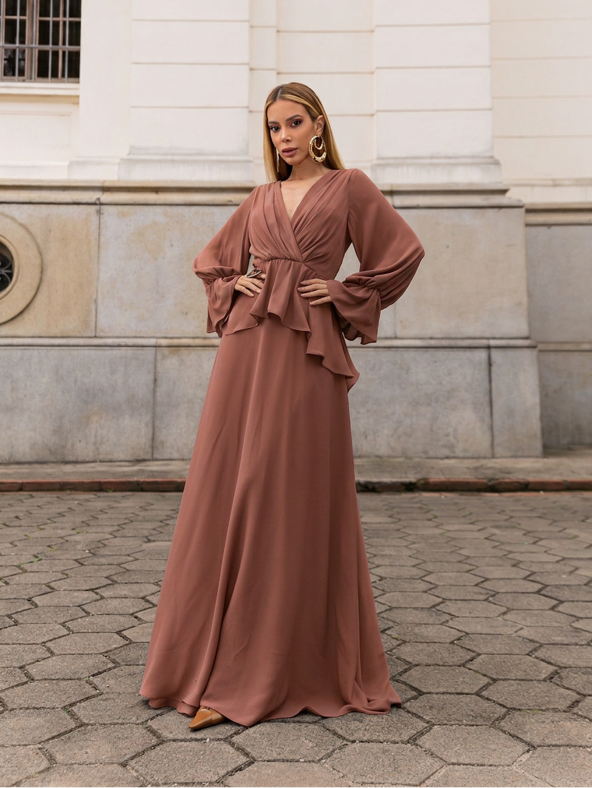 VESTIDO LONGO DECOTE V TRANSPASSADO COM PEPLUM E MANGA BUFANTE MARROM