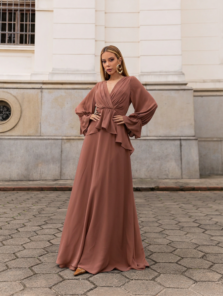 VESTIDO LONGO DECOTE V TRANSPASSADO COM PEPLUM E MANGA BUFANTE MARROM