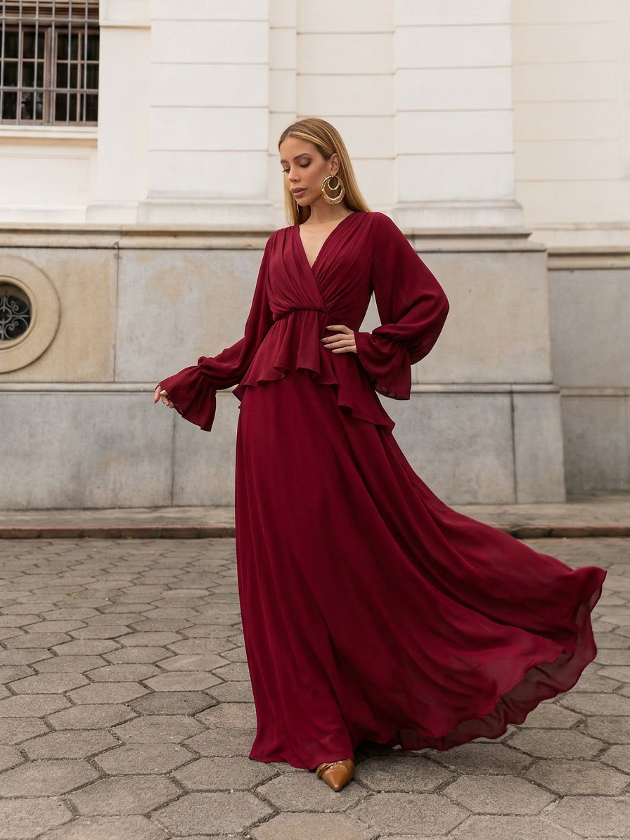 VESTIDO LONGO DECOTE V TRANSPASSADO COM PEPLUM E MANGA BUFANTE MARSALA
