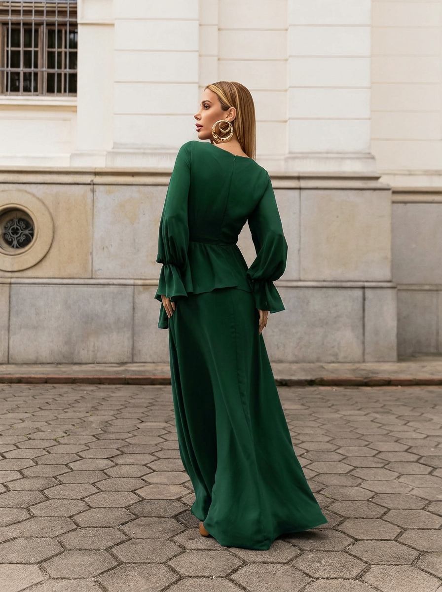 VESTIDO LONGO DECOTE V TRANSPASSADO COM PEPLUM E MANGA BUFANTE VERDE