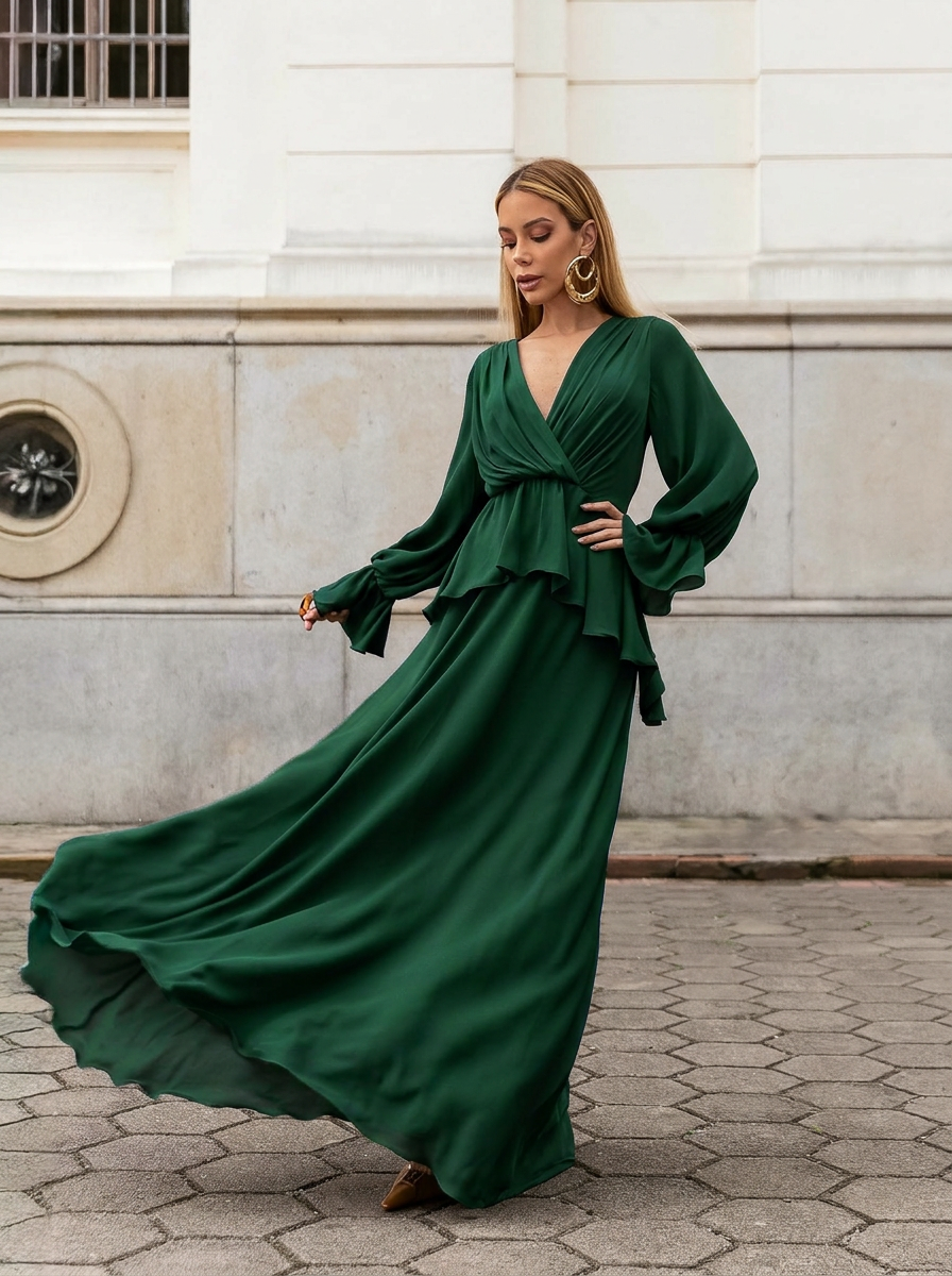 VESTIDO LONGO DECOTE V TRANSPASSADO COM PEPLUM E MANGA BUFANTE VERDE