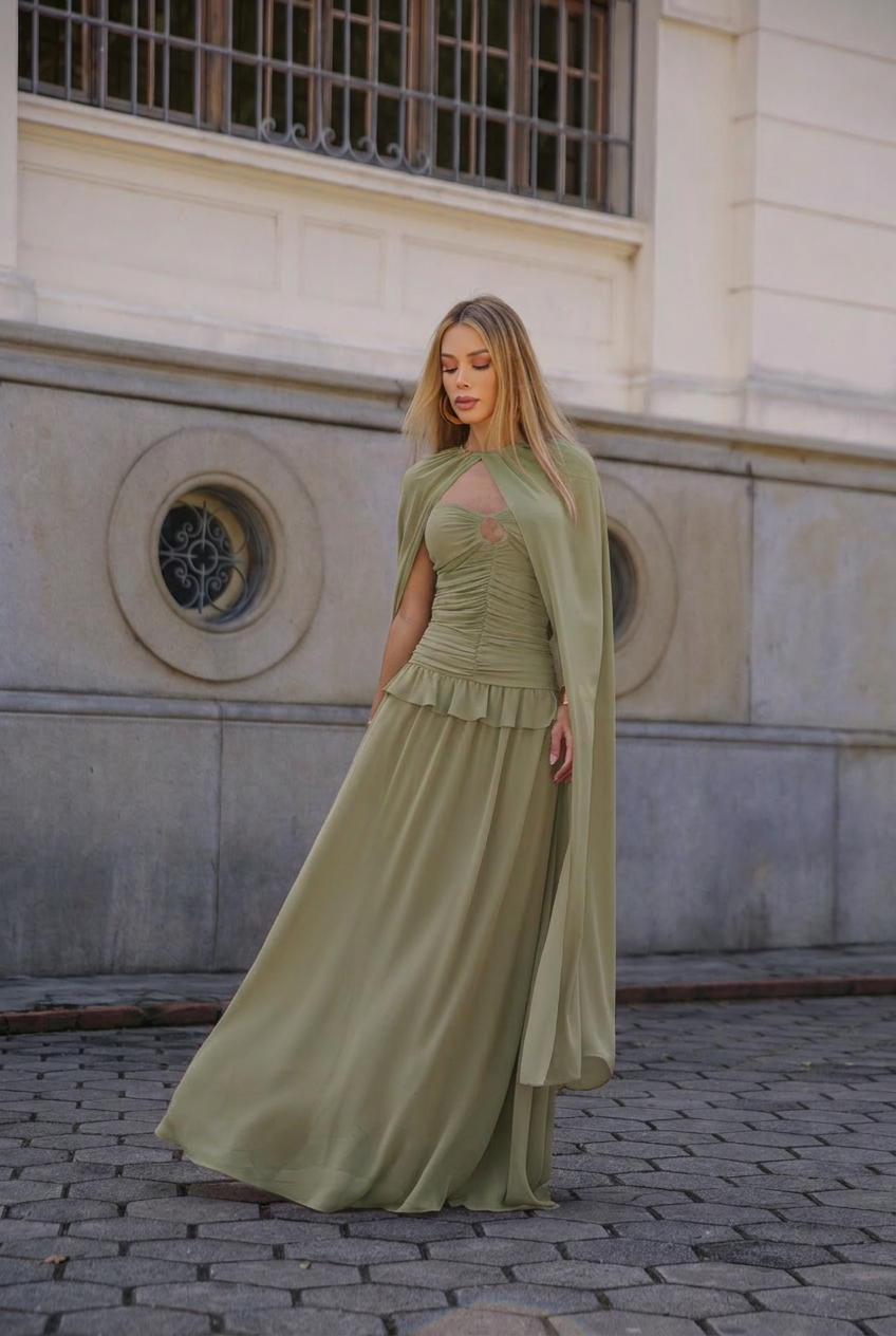 VESTIDO LONGO TOMARA QUE CAIA FRANZIDO COM RECORTE E CAPA VERDE