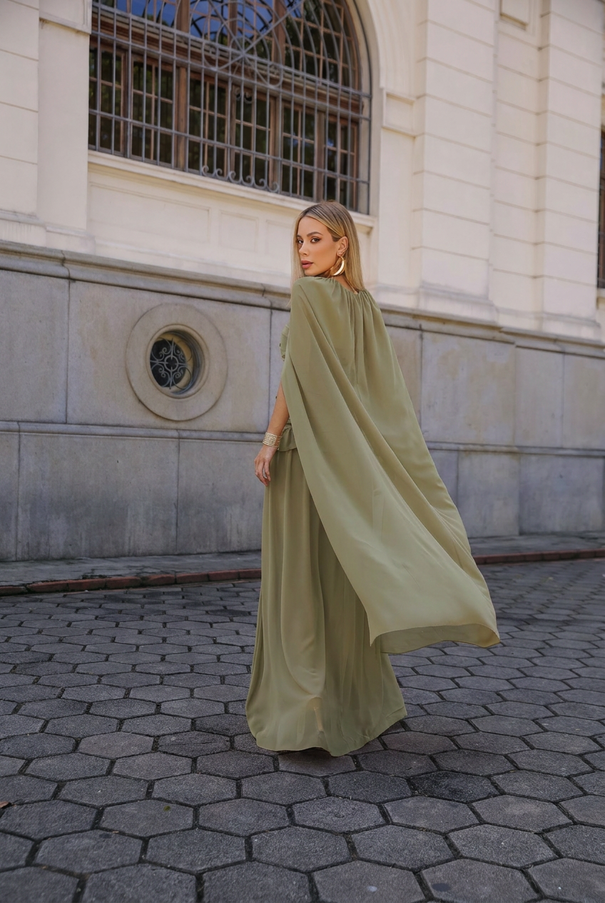 VESTIDO LONGO TOMARA QUE CAIA FRANZIDO COM RECORTE E CAPA VERDE