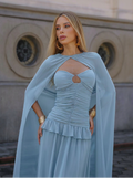 VESTIDO LONGO TOMARA QUE CAIA FRANZIDO COM RECORTE E CAPA AZUL