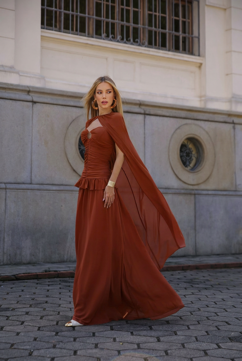 VESTIDO LONGO TOMARA QUE CAIA FRANZIDO COM RECORTE E CAPA TERRACOTA