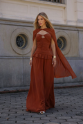 VESTIDO LONGO TOMARA QUE CAIA FRANZIDO COM RECORTE E CAPA TERRACOTA