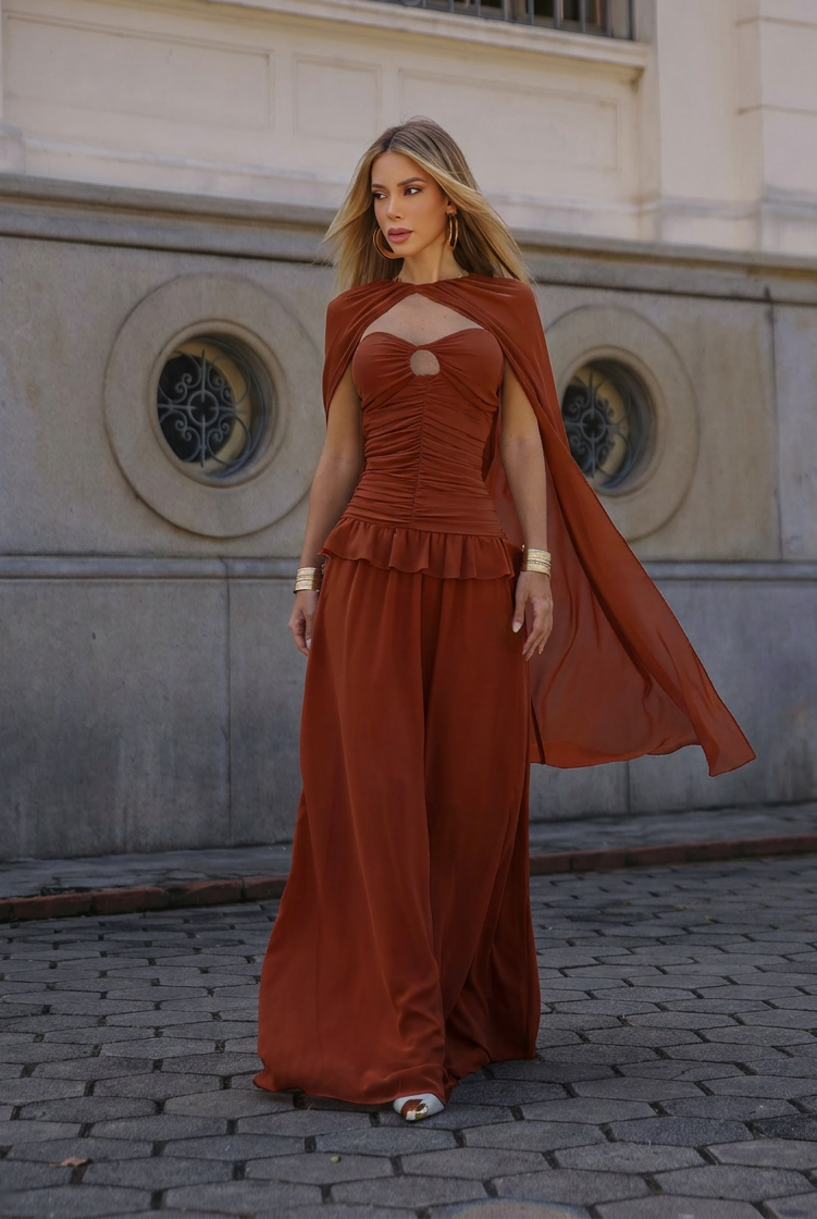 VESTIDO LONGO TOMARA QUE CAIA FRANZIDO COM RECORTE E CAPA TERRACOTA