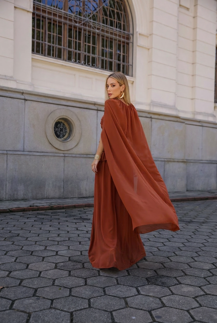 VESTIDO LONGO TOMARA QUE CAIA FRANZIDO COM RECORTE E CAPA TERRACOTA