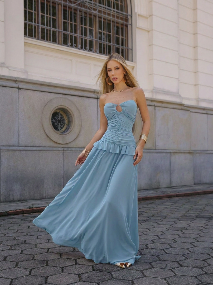 VESTIDO LONGO TOMARA QUE CAIA FRANZIDO COM RECORTE E CAPA AZUL