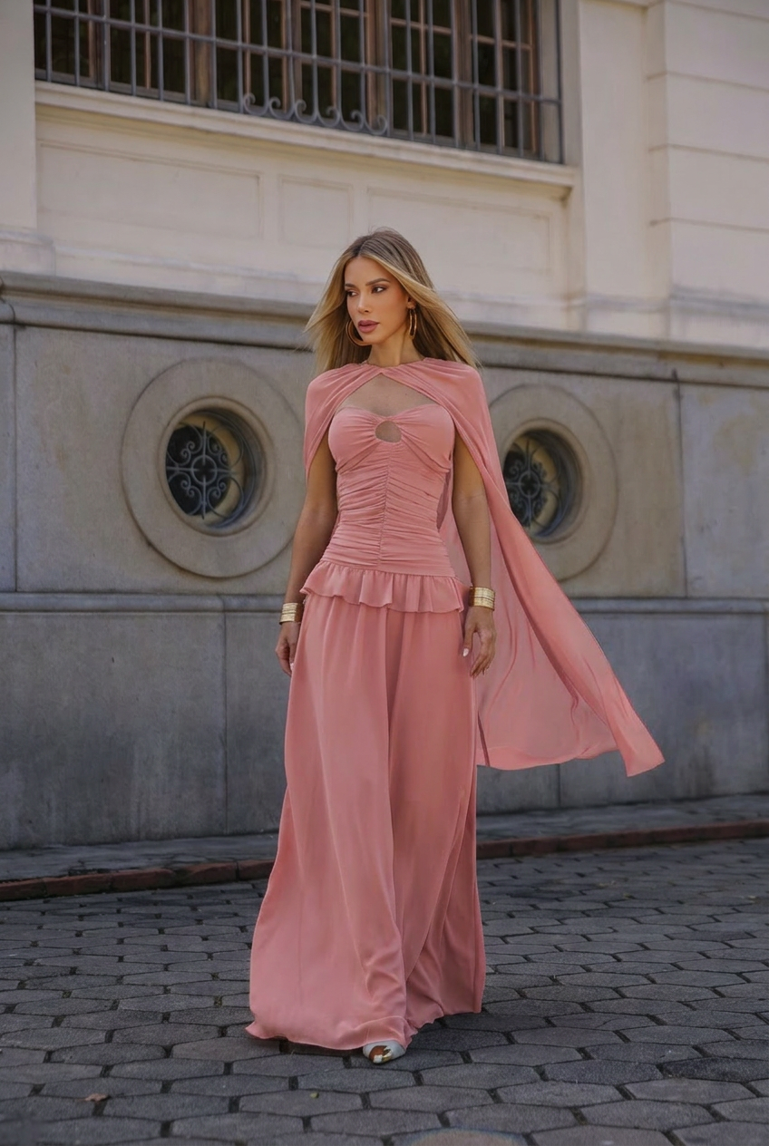 VESTIDO LONGO TOMARA QUE CAIA FRANZIDO COM RECORTE E CAPA ROSA