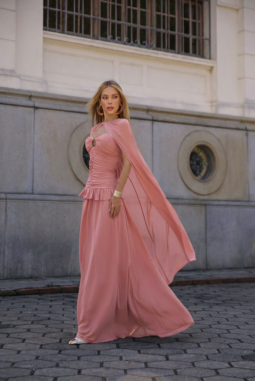VESTIDO LONGO TOMARA QUE CAIA FRANZIDO COM RECORTE E CAPA ROSA