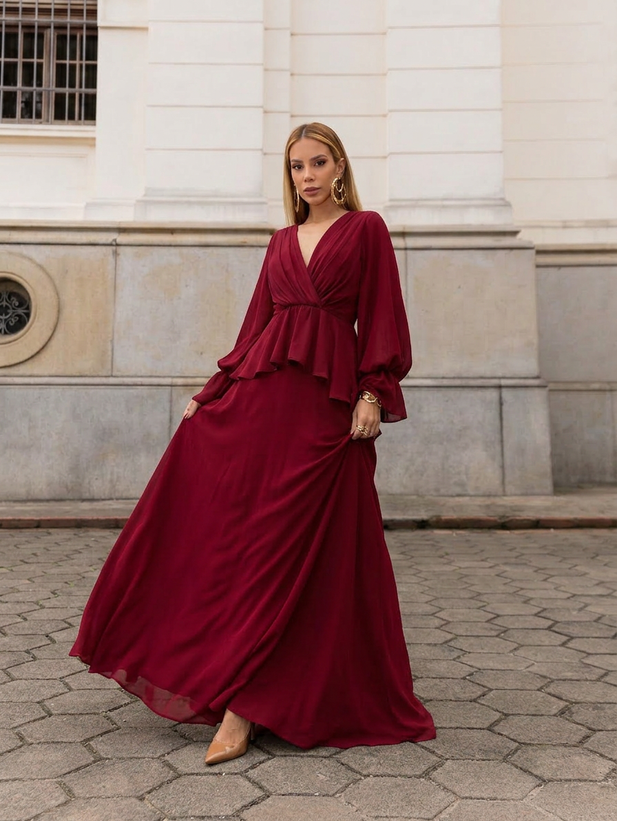 VESTIDO LONGO DECOTE V TRANSPASSADO COM PEPLUM E MANGA BUFANTE MARSALA